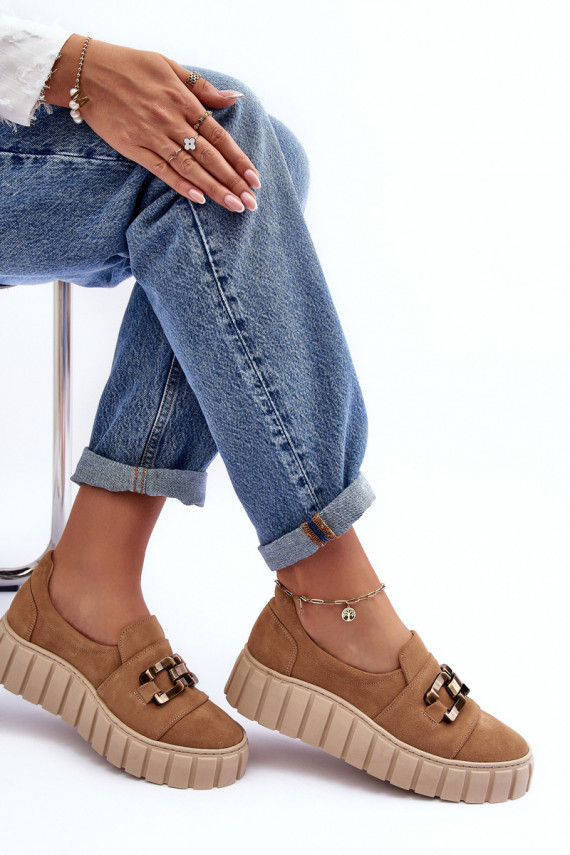 Women's Suede Shoes on Platform with Decoration Dark Beige Lewski 3398