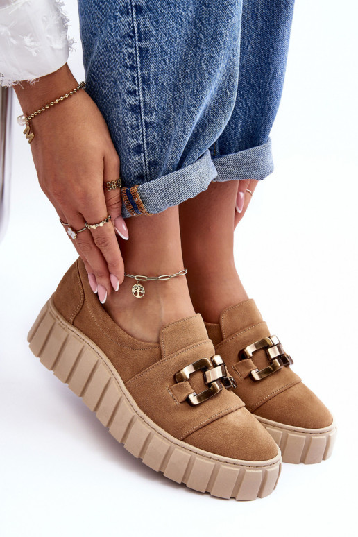 Women's Suede Shoes on Platform with Decoration Dark Beige Lewski 3398