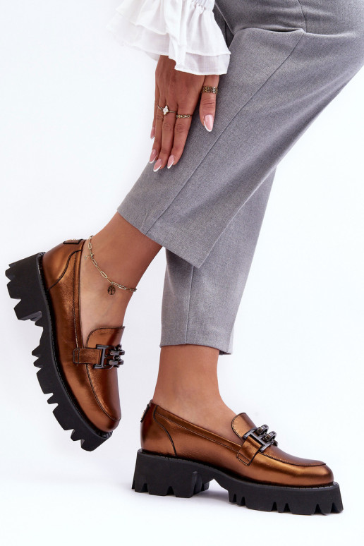 Women's Leather Loafers With Golden Ornament Lyndani