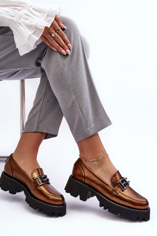Women's Leather Loafers With Golden Ornament Lyndani