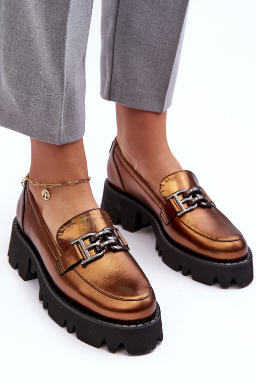 Women's Leather Loafers With Golden Ornament Lyndani