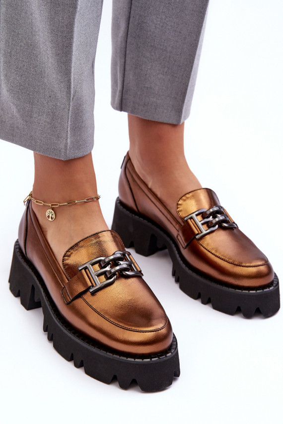 Women's Leather Loafers With Golden Ornament Lyndani
