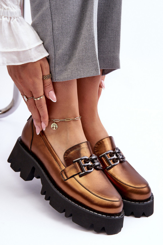 Women's Leather Loafers With Golden Ornament Lyndani