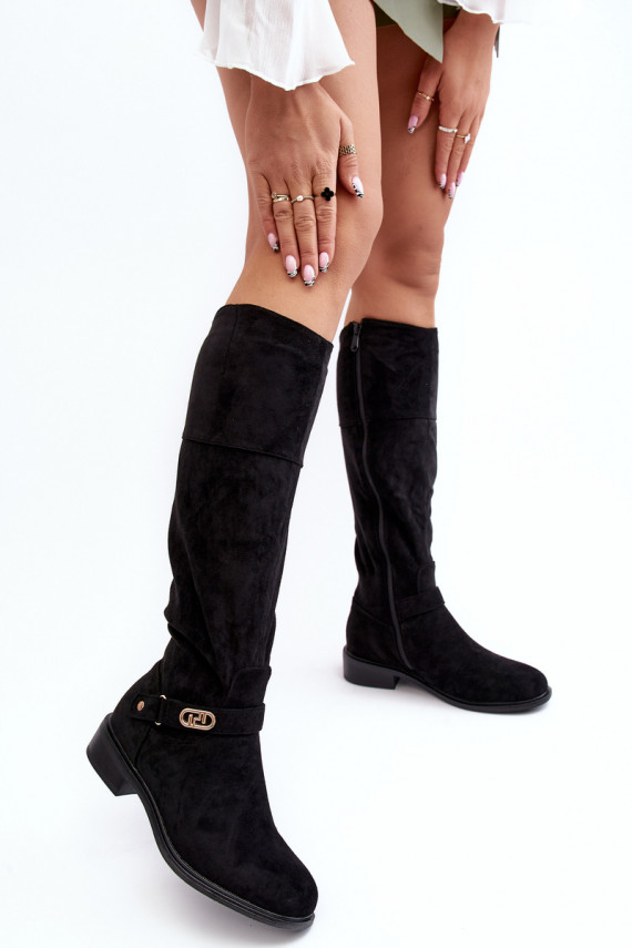 Fur-Lined Suede Ankle Boots with Flat Heel SBarski HY07-31 Black