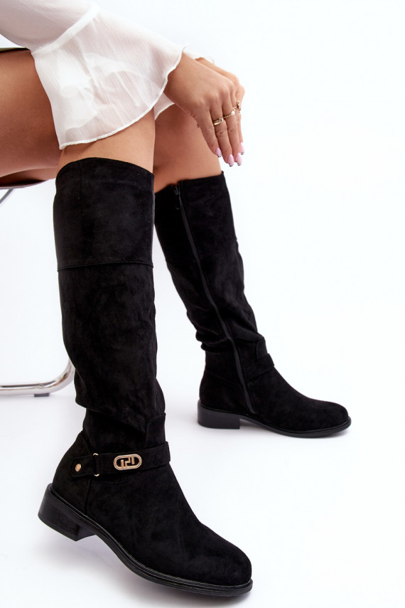 Fur-Lined Suede Ankle Boots with Flat Heel SBarski HY07-31 Black