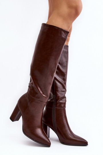 Women's Knee-High Boots with Chunky Heel Brown Fiminna