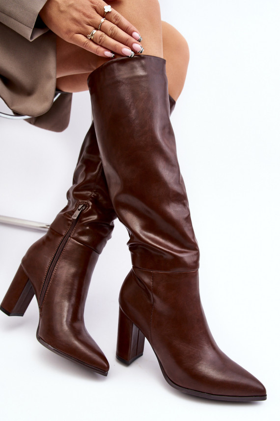 Women's Knee-High Boots with Chunky Heel Brown Fiminna