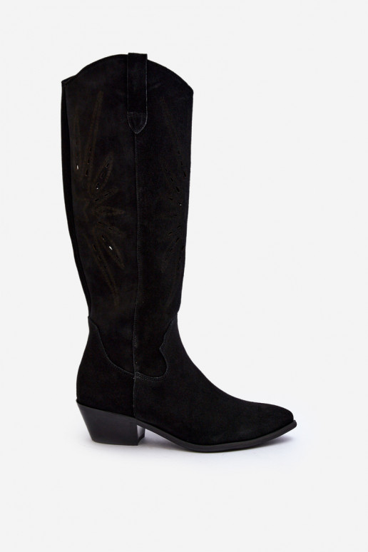 Zazoo 2909 Suede Cut-Out Boots with Low Heel Black