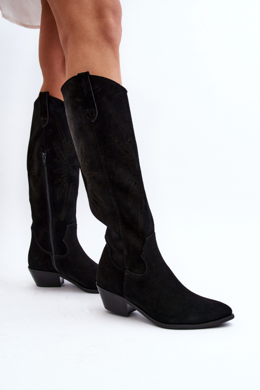 Zazoo 2909 Suede Cut-Out Boots with Low Heel Black