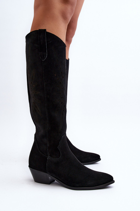 Zazoo 2909 Suede Cut-Out Boots with Low Heel Black