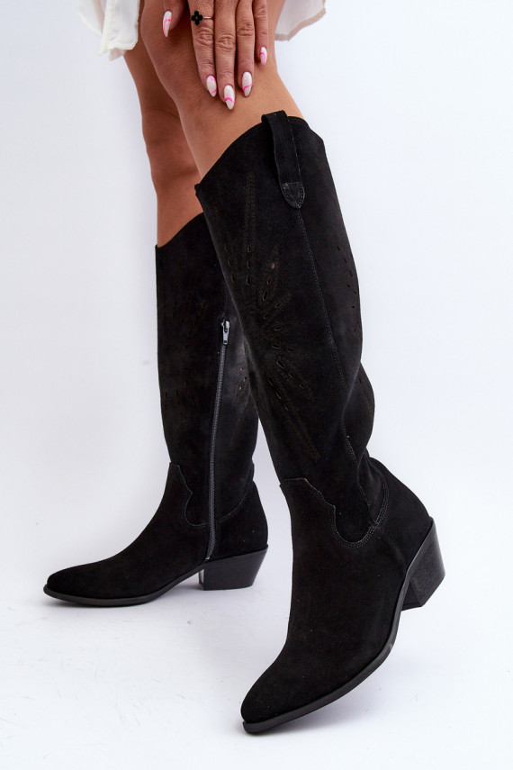 Zazoo 2909 Suede Cut-Out Boots with Low Heel Black