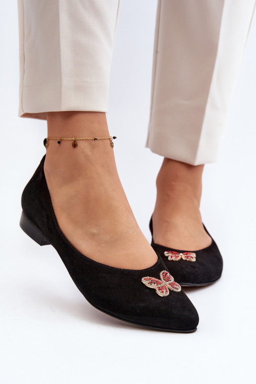 Zazoo 2887 Suede Ballerina Flats With Decorative Butterfly Black