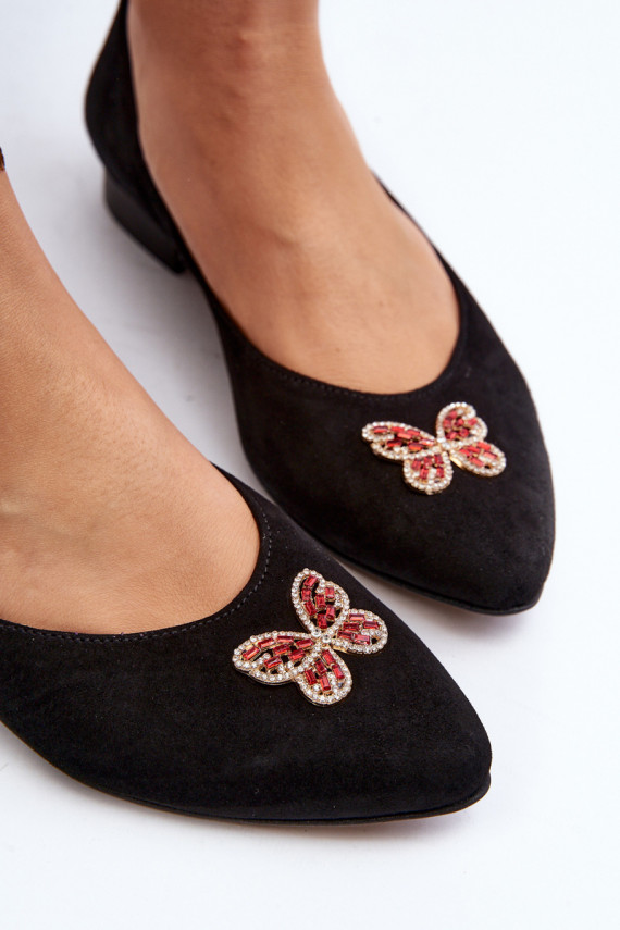 Zazoo 2887 Suede Ballerina Flats With Decorative Butterfly Black
