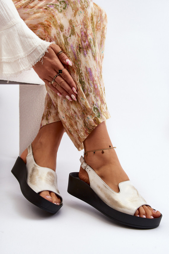 Women's Leather Sandals on Thick Sole Gold Distressed Zazoo 2893