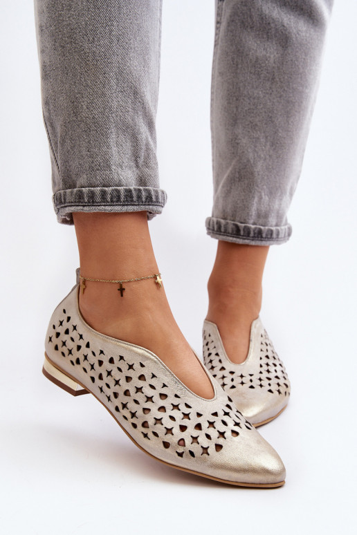 Zazoo 2883 Perforated Ballerina Flats in Genuine Leather Gold