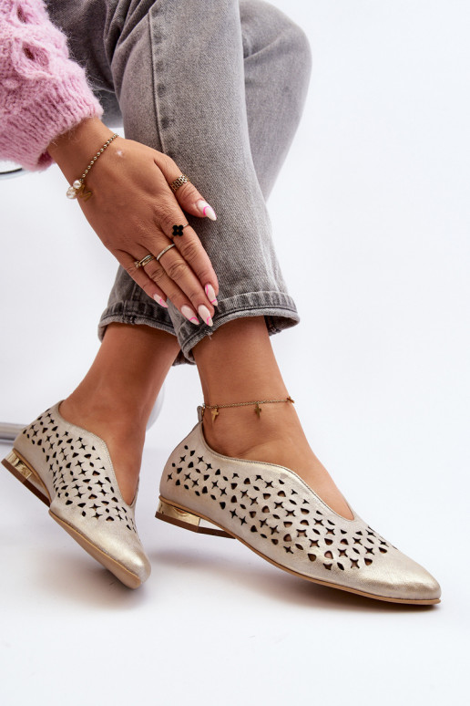 Zazoo 2883 Perforated Ballerina Flats in Genuine Leather Gold