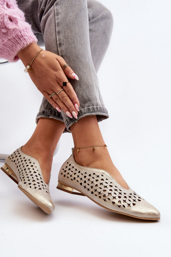 Zazoo 2883 Perforated Ballerina Flats in Genuine Leather Gold
