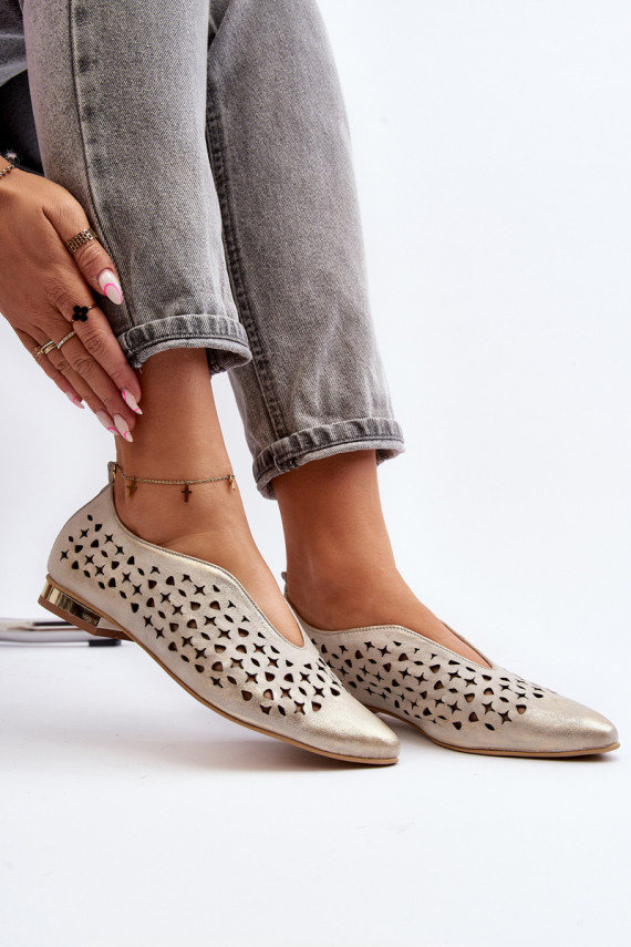 Zazoo 2883 Perforated Ballerina Flats in Genuine Leather Gold