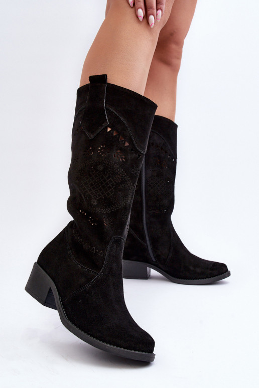 Zazoo 4043 Suede Low Heel Cutout Boots Black