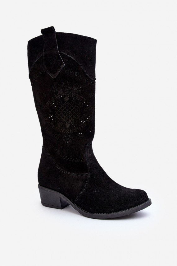 Zazoo 4043 Suede Low Heel Cutout Boots Black