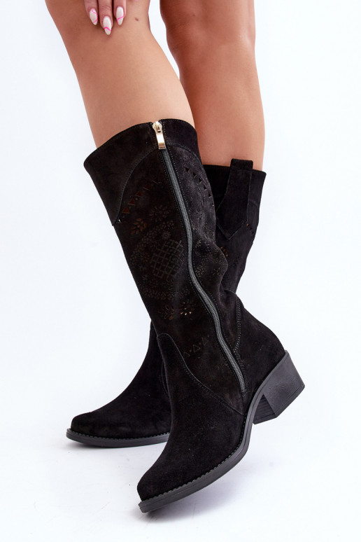 Zazoo 4043 Suede Low Heel Cutout Boots Black