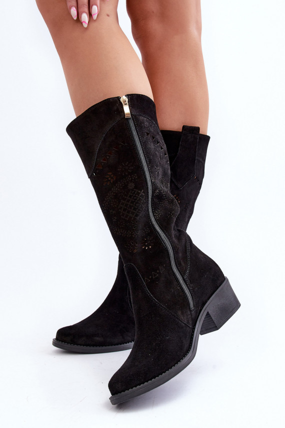 Zazoo 4043 Suede Low Heel Cutout Boots Black