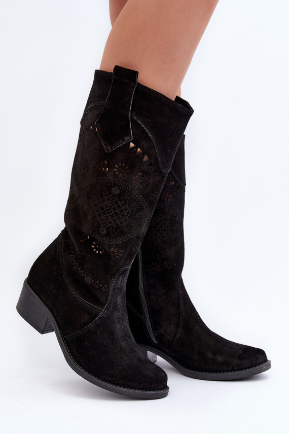 Zazoo 4043 Suede Low Heel Cutout Boots Black