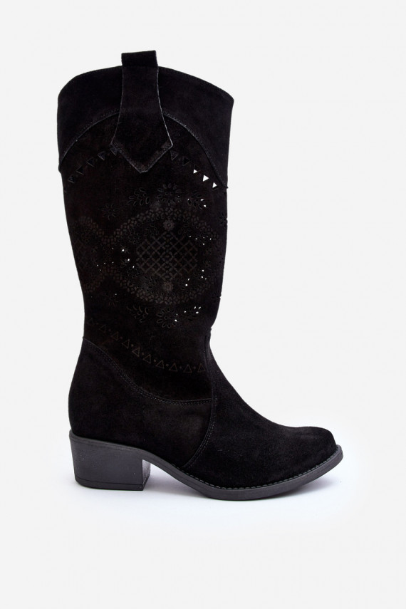 Zazoo 4043 Suede Low Heel Cutout Boots Black