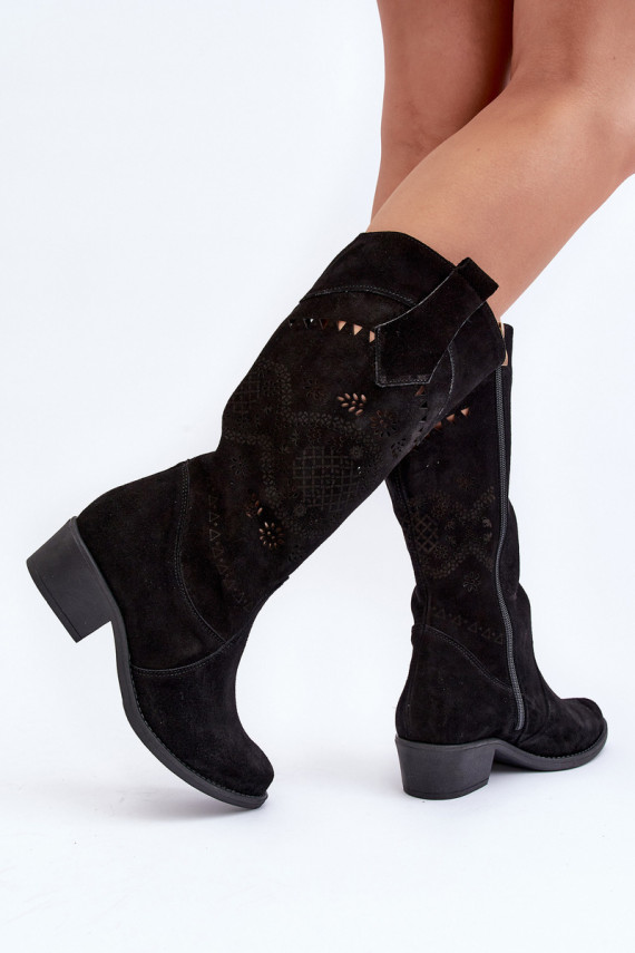 Zazoo 4043 Suede Low Heel Cutout Boots Black