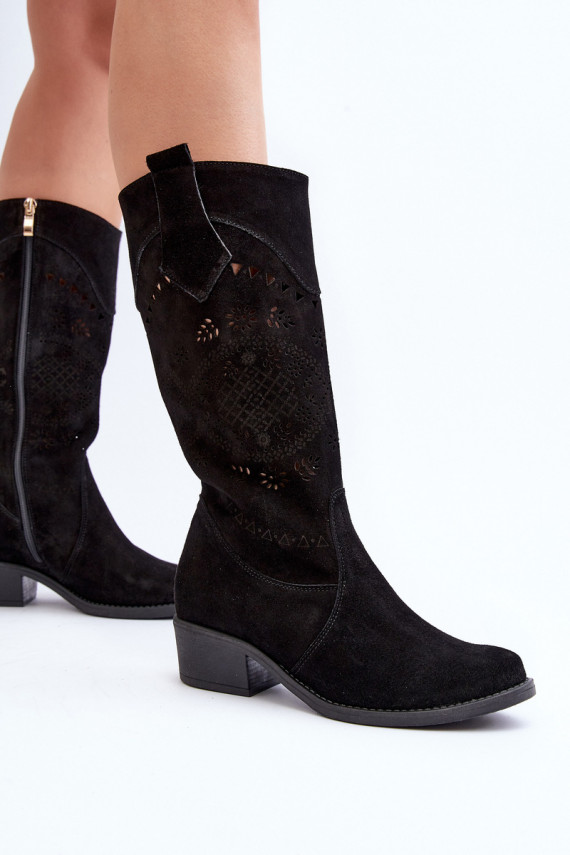 Zazoo 4043 Suede Low Heel Cutout Boots Black