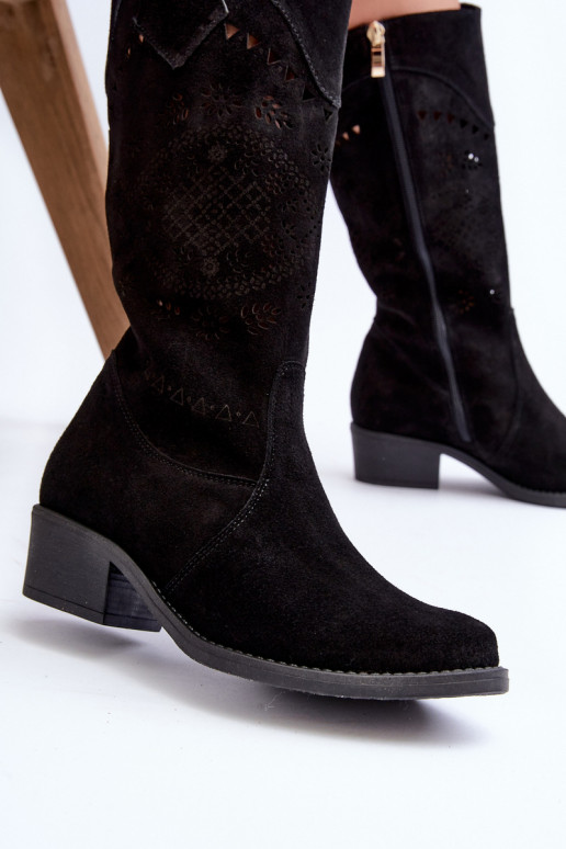 Zazoo 4043 Suede Low Heel Cutout Boots Black