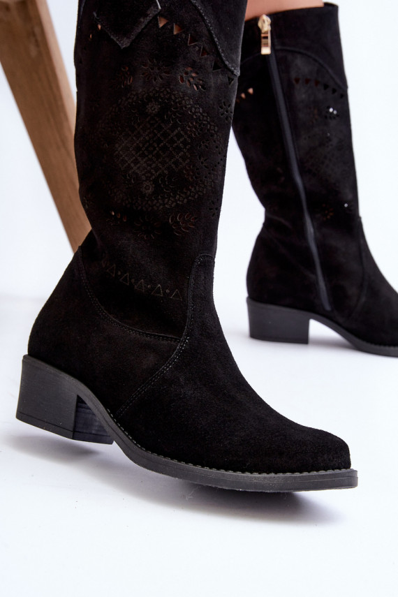 Zazoo 4043 Suede Low Heel Cutout Boots Black