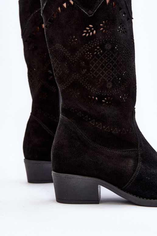 Zazoo 4043 Suede Low Heel Cutout Boots Black