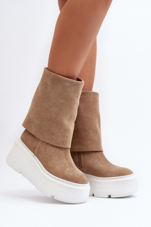 Zazoo 3410 Suede Women's Boots on Chunky Platform Beige