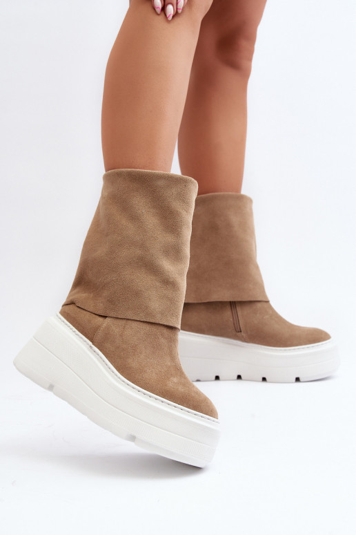 Zazoo 3410 Suede Women's Boots on Chunky Platform Beige
