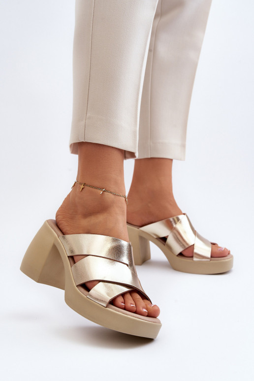 Zazoo 40373 Leather Mules With Block Heel Gold