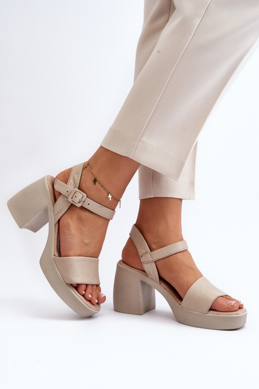 Zazoo 40386 Women's Leather Sandals with Block Heel Beige