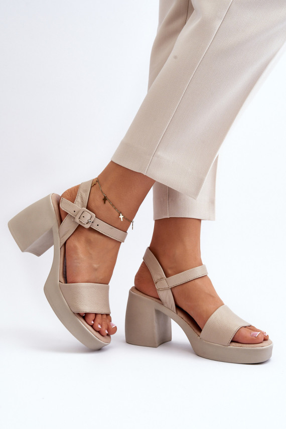Zazoo 40386 Women's Leather Sandals with Block Heel Beige