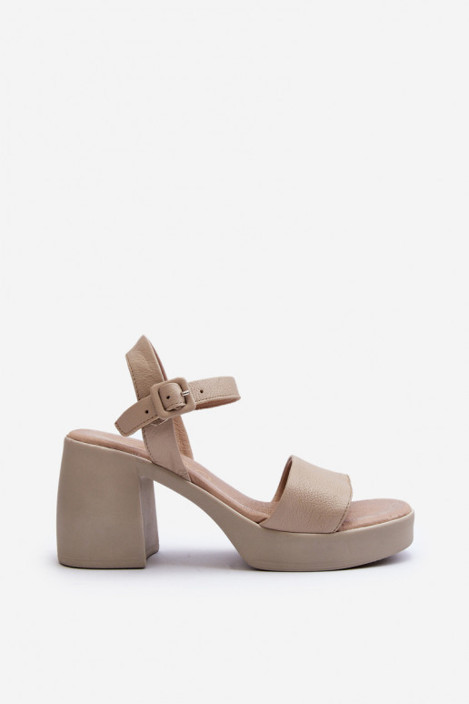 Zazoo 40386 Women's Leather Sandals with Block Heel Beige