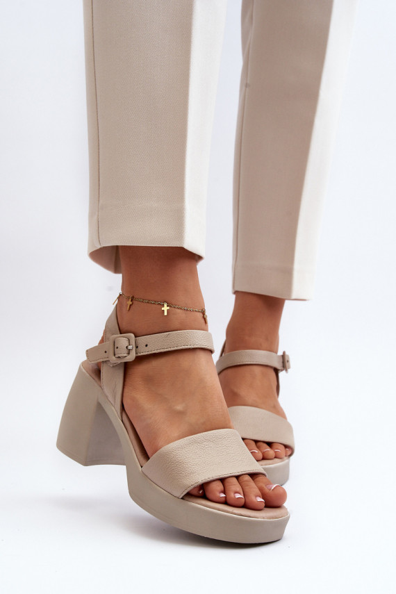 Zazoo 40386 Women's Leather Sandals with Block Heel Beige