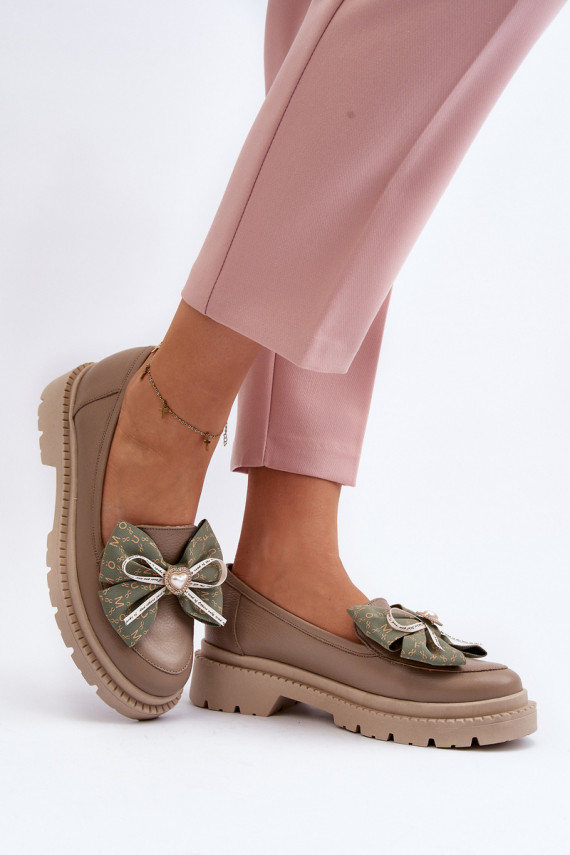 Women's Leather Moccasins with Bow Laura Messi 2787 Beige