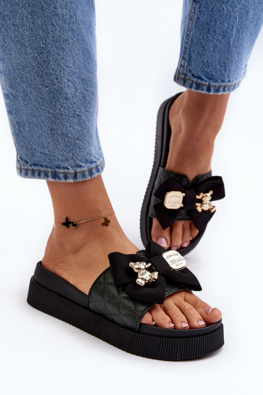 Women's Slippers With Bow and Teddy Bear Black Katterina