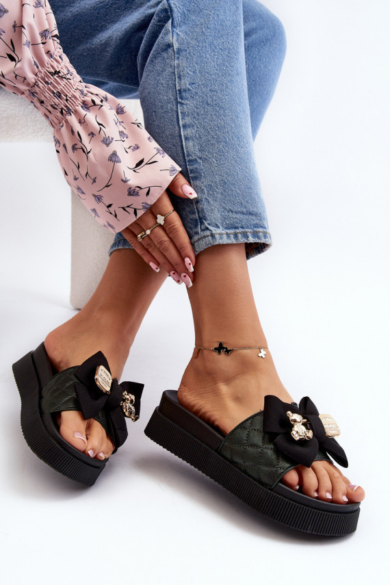 Women's Slippers With Bow and Teddy Bear Black Katterina