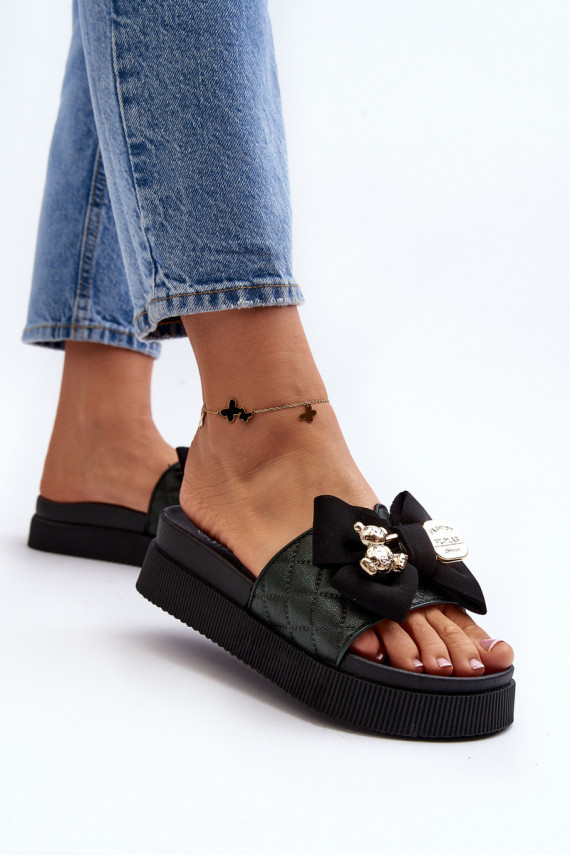 Women's Slippers With Bow and Teddy Bear Black Katterina