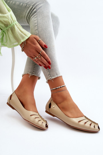 Zazoo 10009 Comfortable Women's Leather Ballerina Flats Beige 2