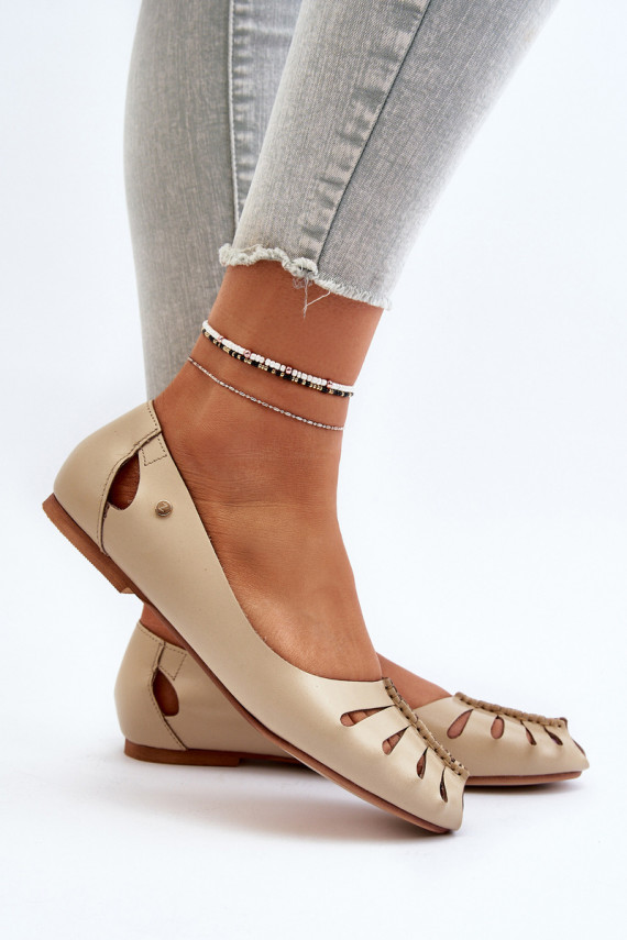 Zazoo 10009 Comfortable Women's Leather Ballerina Flats Beige