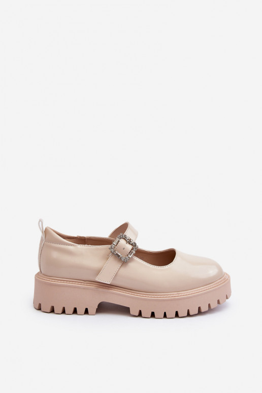 Women's Beige Patent Leather Shoes with Decorative Buckle Lindnessa