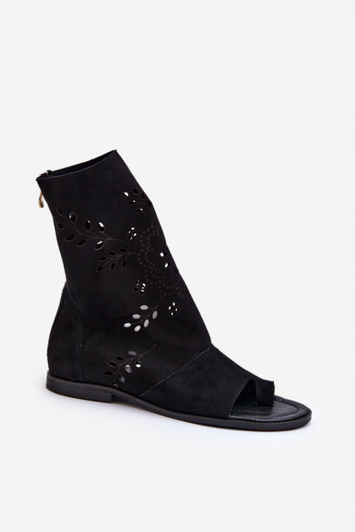 Zazoo 3437 Women's Suede Sandals With Zippered Shaft Black