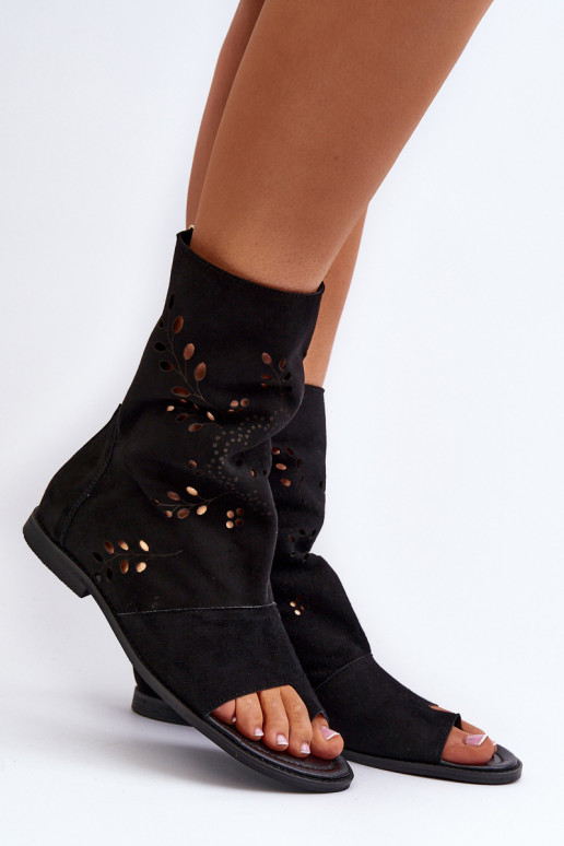 Zazoo 3437 Women's Suede Sandals With Zippered Shaft Black