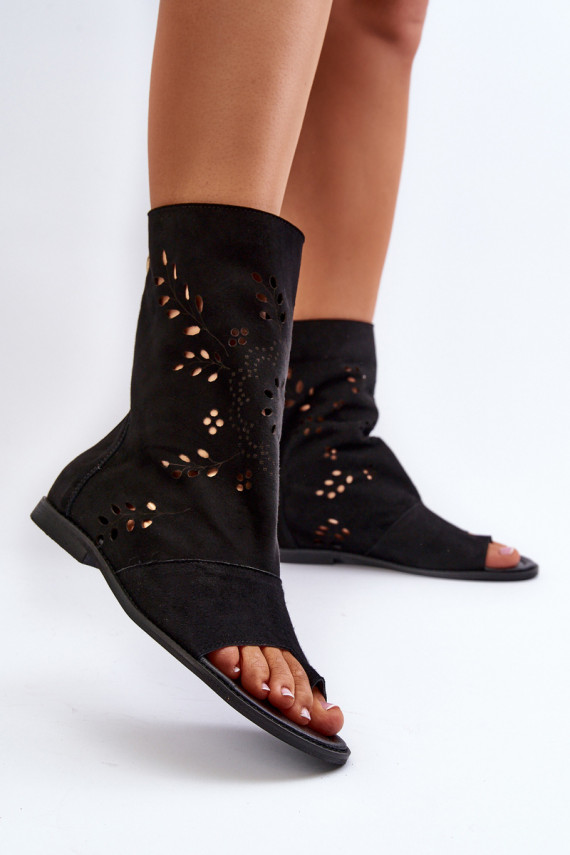 Zazoo 3437 Women's Suede Sandals With Zippered Shaft Black